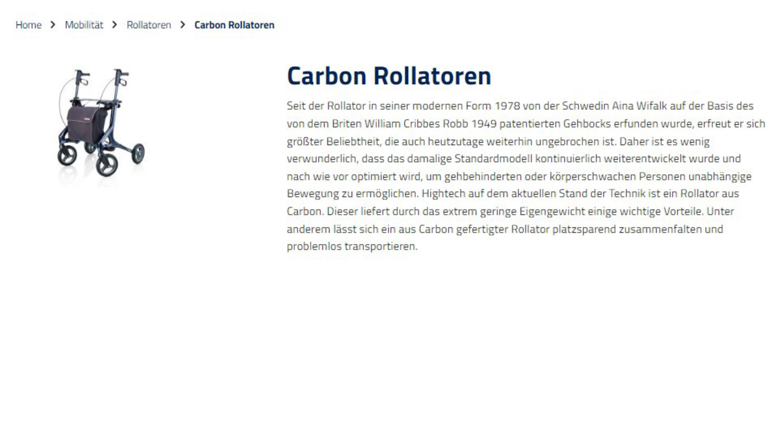 Kategorie - Mobilität > Rollatoren > Carbon Rollatoren | © Seeger -Das Gesundheitshaus